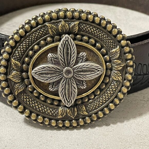 Fossil Tooled Brown Leather Waist Belt Two Tone Oval Floral Buckle Women\'s Large main image 8